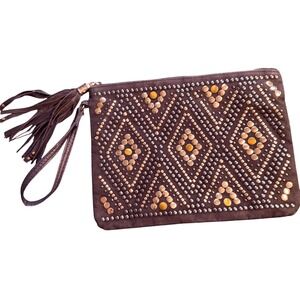 Nook Look Studded Clutch Rhinestone Tassel Wristlet Dark Gray Evening Bag